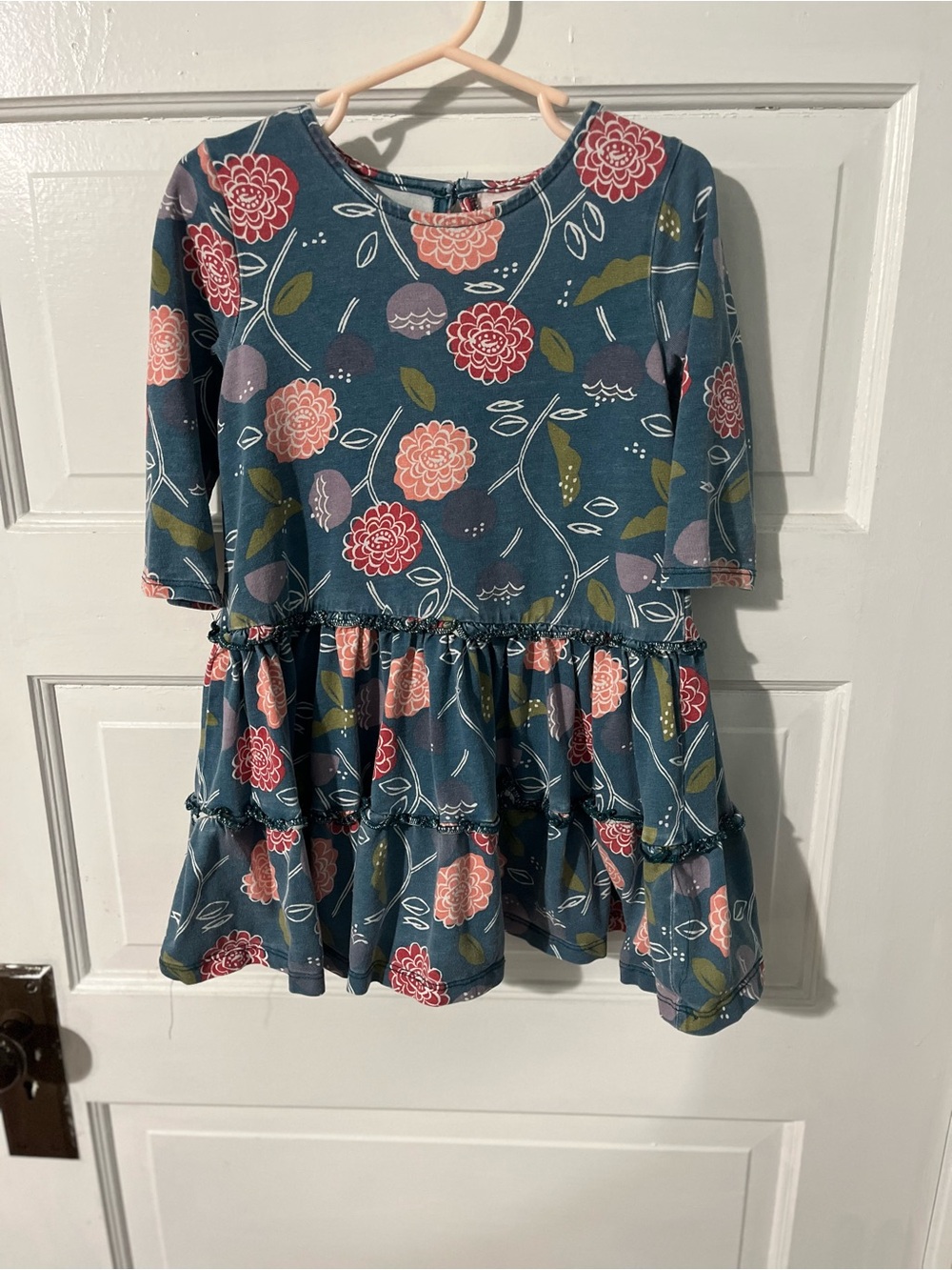 Tea Collection Teal Floral Tiered Casual Dress with Pink and Olive Accents sz 4